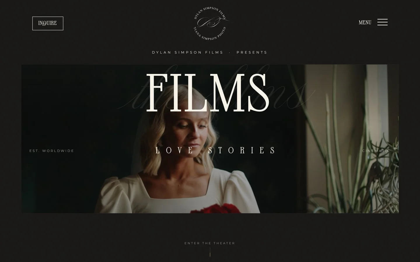 The new Dylan Simpson Films films page — a title sequence reading FILMS, LOVE STORIES over a widescreen wedding frame