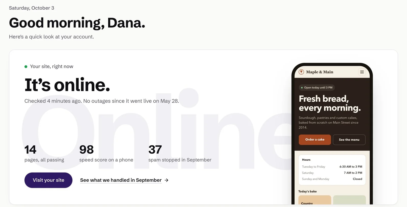 Client portal home for a demo bakery: the site is online, checked minutes ago, with its pages, speed score and spam stopped this month